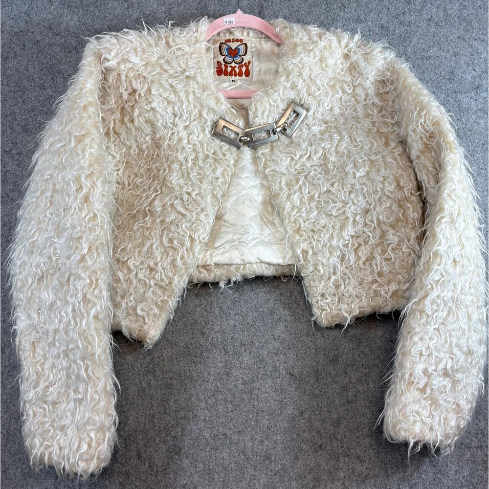 Miss Sixty Faux Fur Cropped Jacket Womens Medium White Shaggy Chain Quilted Y2K